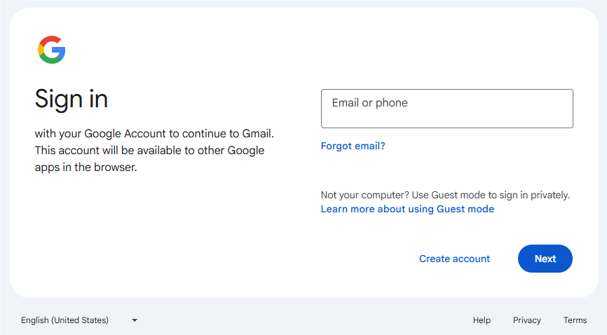 Gmailのサインインページ。