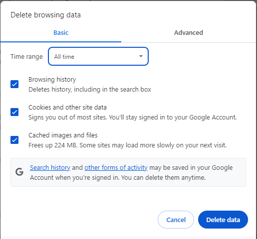 Clear Chrome Cache and Browsing Data