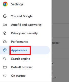 Chrome設定で「外観」を選択