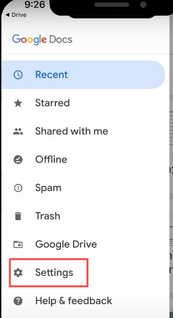 Googleドキュメントアプリで設定を選択