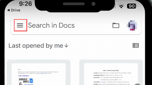 Googleドキュメントアプリのメニューアイコンをタップ