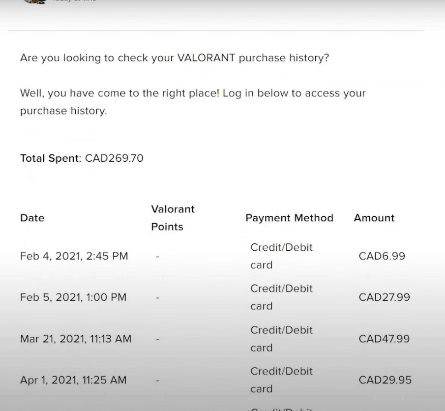 Valorant 課金額と詳細な購入履歴