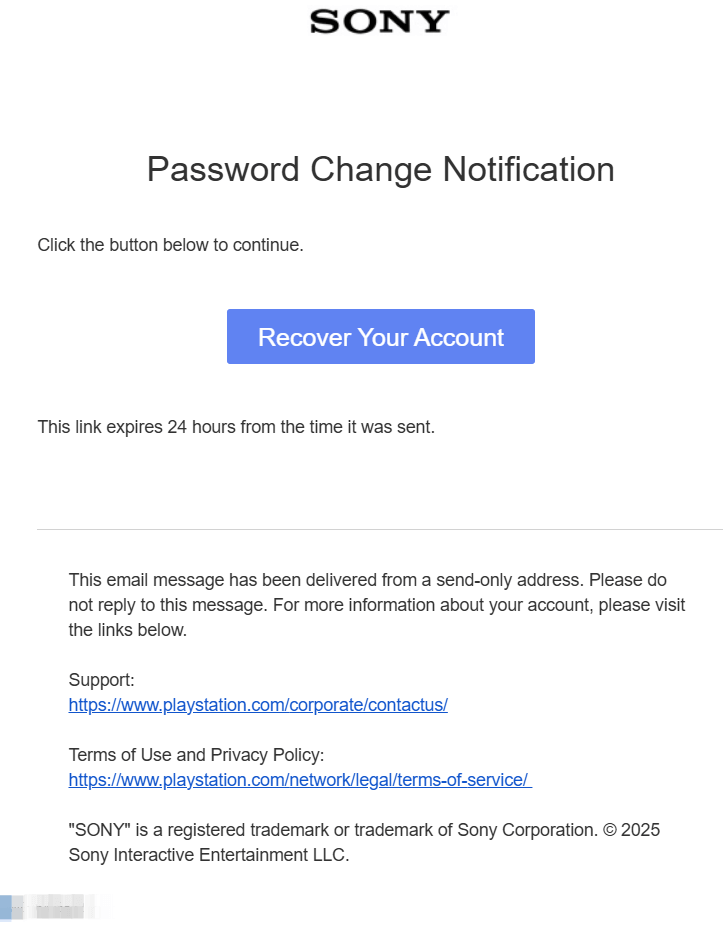 Screenshot of the Verification Email for PlayStation Password Reset