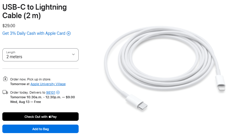 Cable USB-C a Lightning de 20 W oficial de Apple