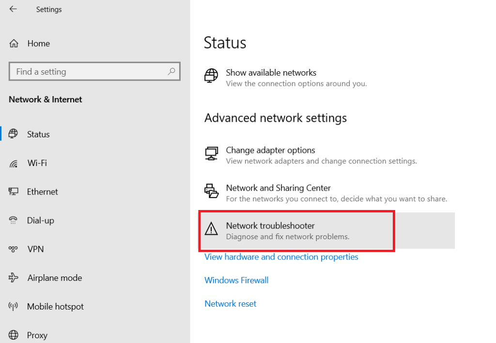 Click “Network troubleshooter”