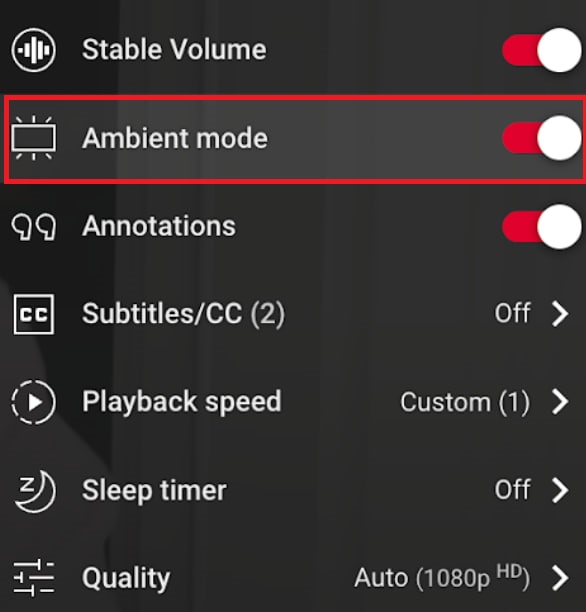 Toggle on YouTube Ambient mode