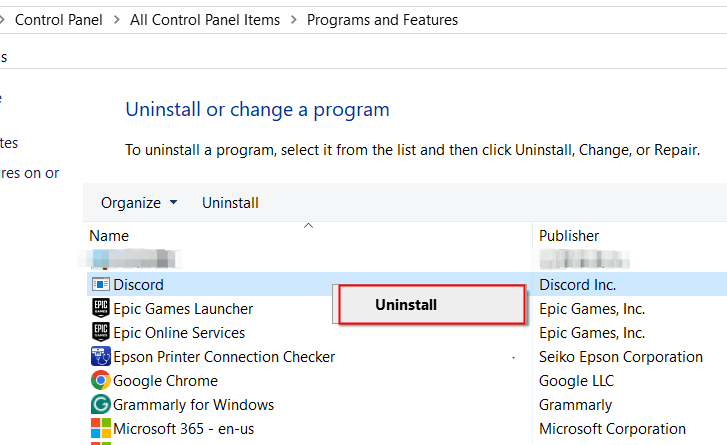 Right-click on Discord and Choose “Uninstall”