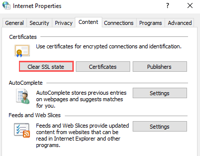 Clear SSL state in Internet Properties