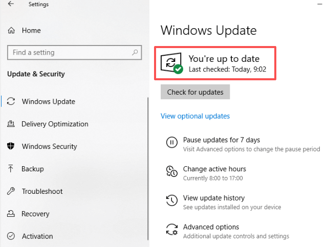 Check the status of Windows update