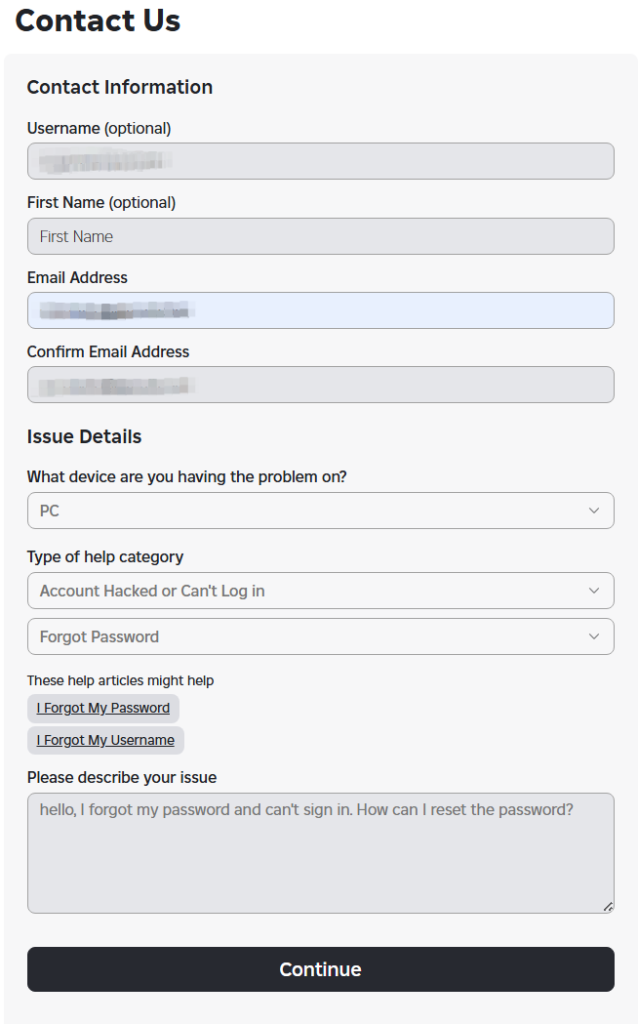 Fill in the Information for the Problematic Account in the Roblox Contact Form
