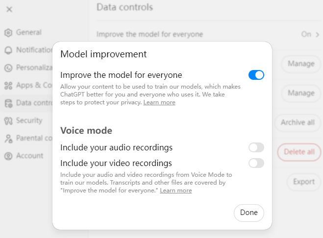 Turn off the “Improve the model for everyone” setting