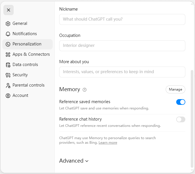 Turn off the “Reference saved memories” setting
