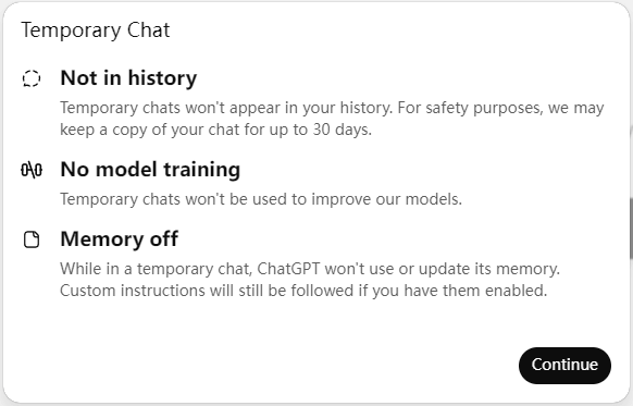 Turn on temporary chat on ChatGPT