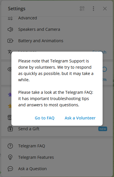 Contact Telegram Support in the App (Ask a Question)
