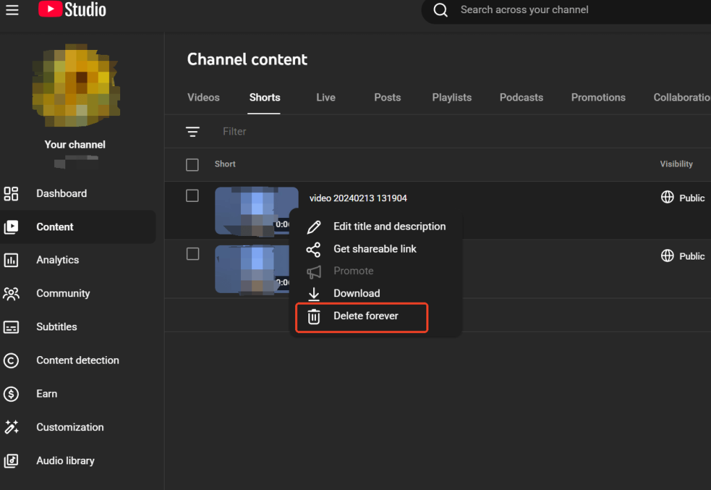 ドロップダウンメニューから「完全に削除」を選択