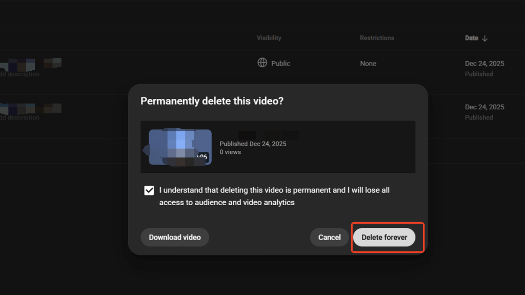 YouTube動画を削除するには再度「完全に削除」を選択