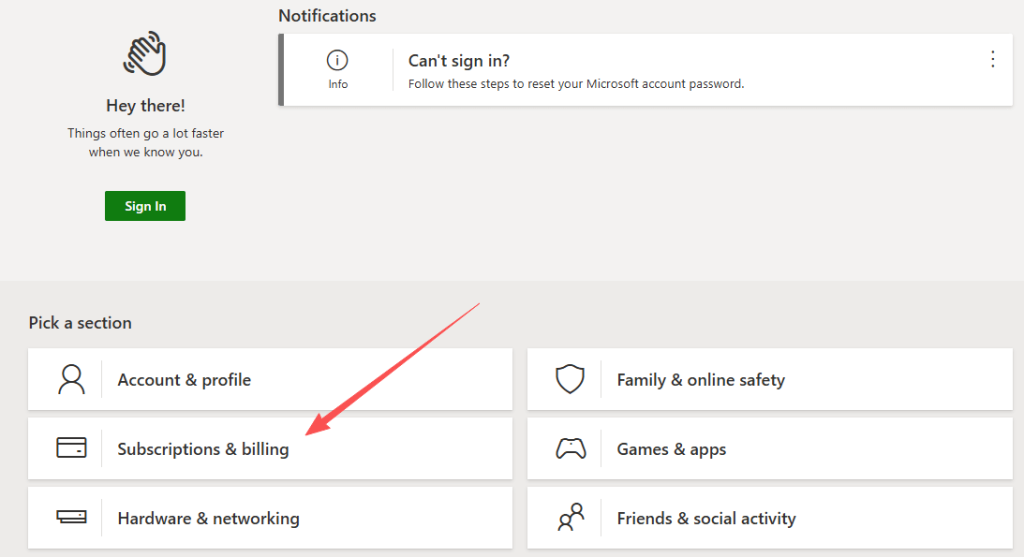 Refund a game on Xbox – the “Subscriptions & billing” tab