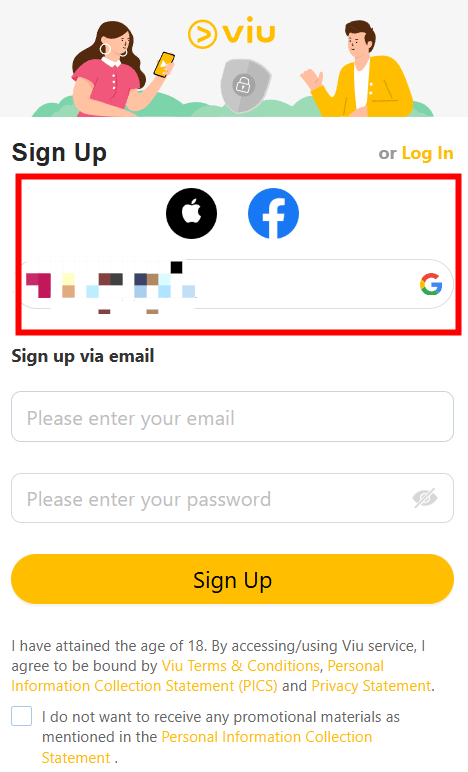 Choose How to Sign Up for Viu
