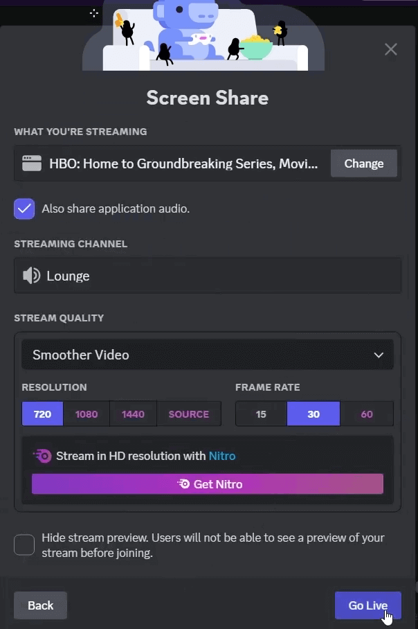 Click "Go Live" to Start Streaming HBO Max on Discord