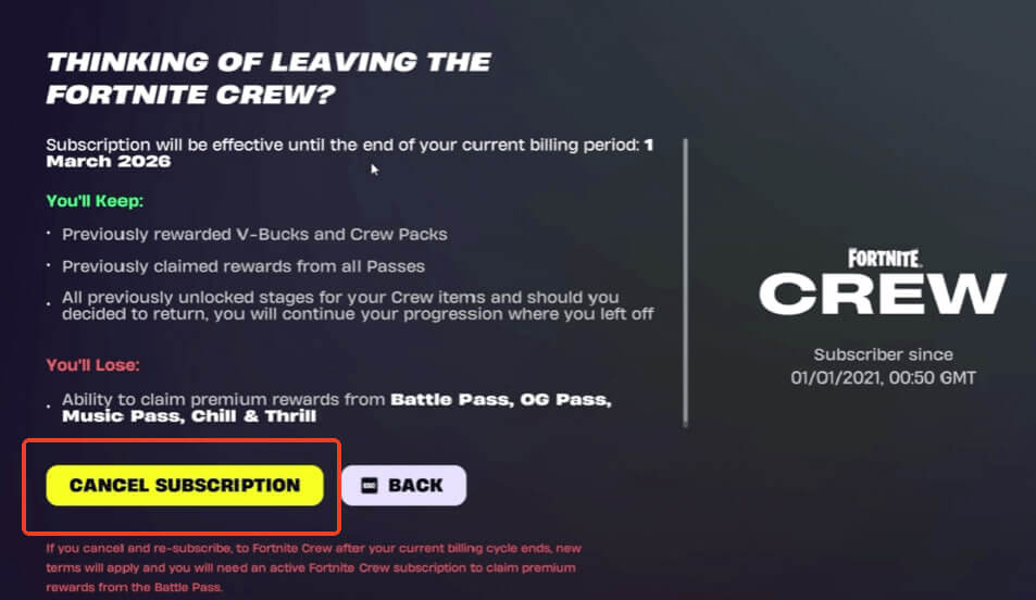 Choose “Cancel Subscription” to Cancel Fortnite Crew