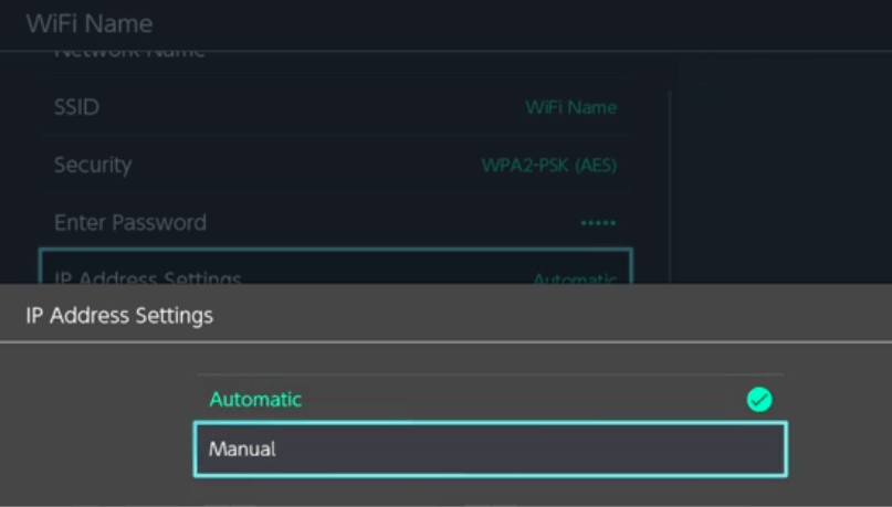 Change “IP Address Settings” to “Manual”