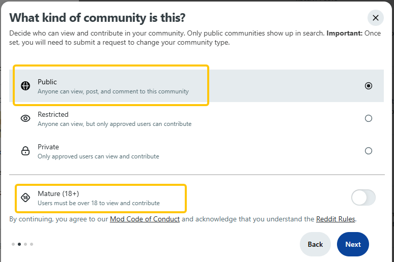 Choose Public, Restricted, or Private Community 