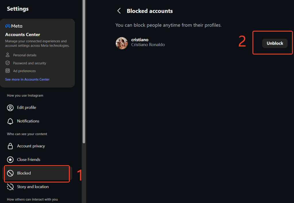 Choose “Blocked” and click “Unblock” next to the blocked account