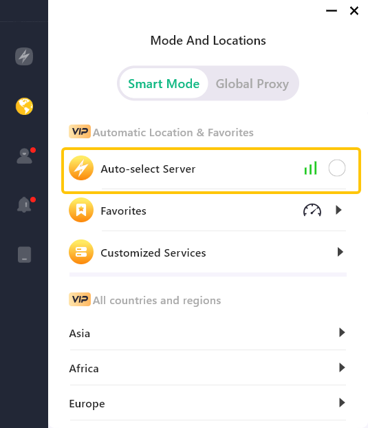 LightningX VPN “Auto Select Server” Mode
